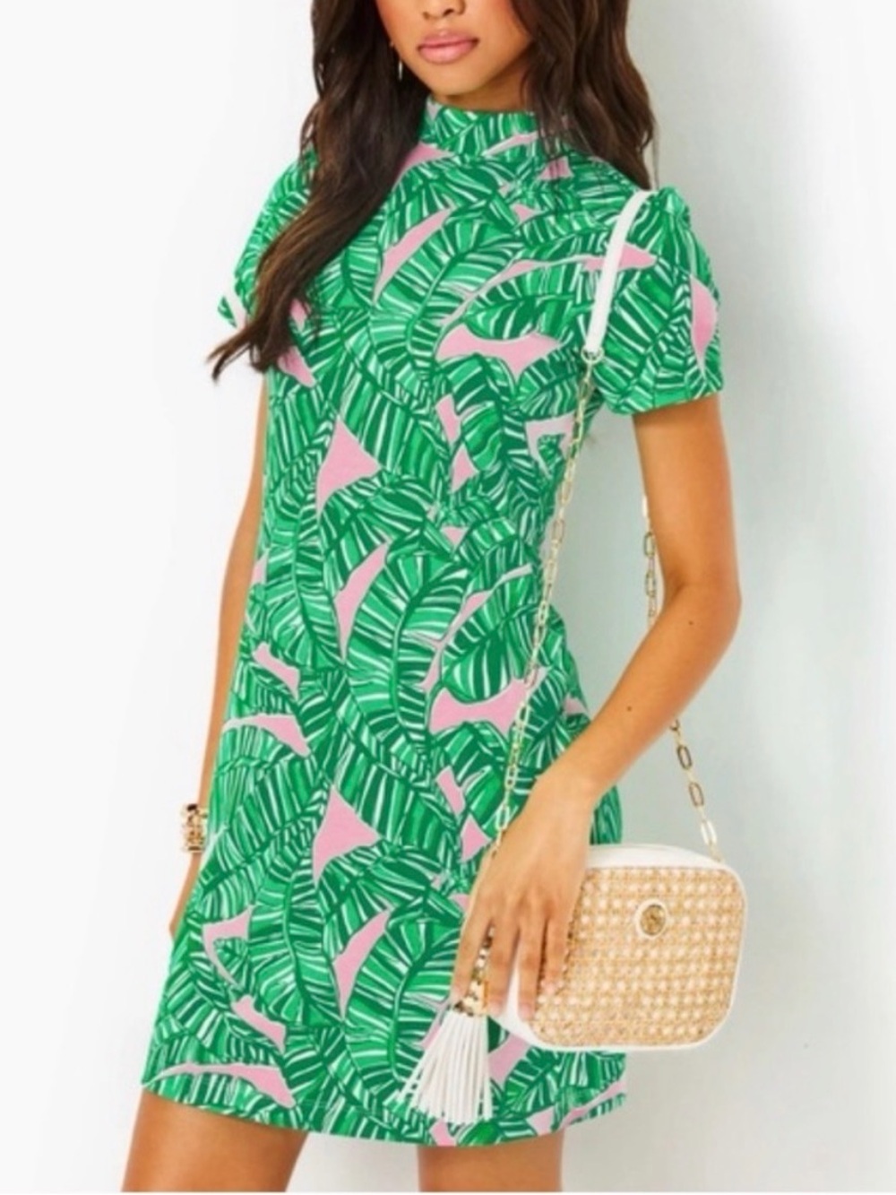 Lilly Pulitzer Green and Pink Tropical Leaf Mini Dress